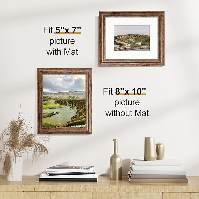 Vittanly 8x10 Picture Frames Set of 2, Ornate Vintage Photo Frame for Wall or Tabletop, Display 5x7 Pictures with Mat or 8x10 without Mat, Walnut Brown