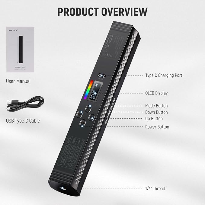 NEEWER RGB Light Wand, Magnetic Handheld Photography Video Light Stick, 2500K~8500K Dimmable CRI95+ Full Color LED Tube Light Bar with 2550mAh Battery, 17 Light Scenes for Vlog TikTok YouTube, TL20C