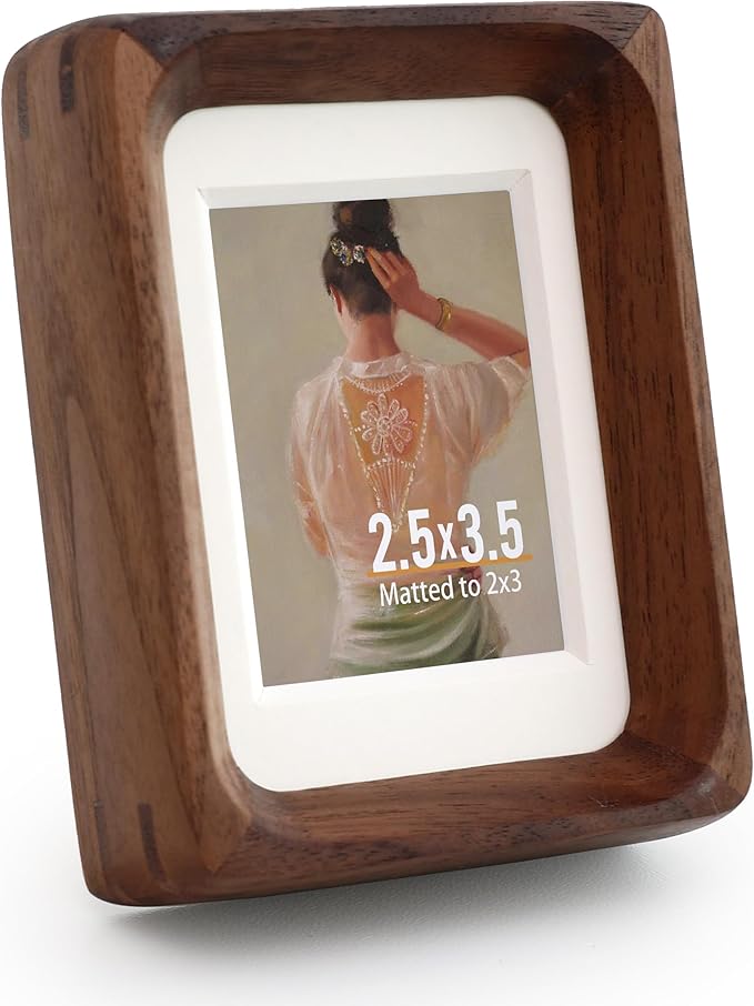 Zelvix Wooden Picture Frames, 2.5x3.5 Small Polaroid Picture Frame Matted to 2x3 with Plexiglass, Walnut Solid Natural Wood Tiny Photo Frame, For TableTop and Wall Mounting