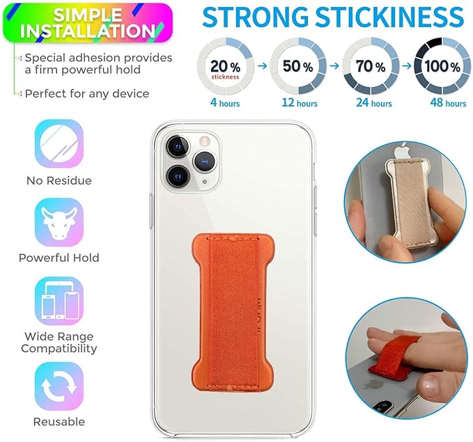 Finger Strap Phone Holder - Ultra Thin Anti-Slip Universal Cell Phone Grips Band Holder for Back of Phone -2Pack（Orange）