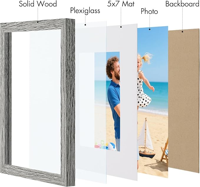 Vittanly 8x10 Picture Frame, Made of Solid Wood and Shatterproof Plexiglass, Display Pictures 5x7 with Mat or 8x10 without Mat, Wooden Photo Frame for Wall Mounting or Tabletop Display, Grey, 1 Pack