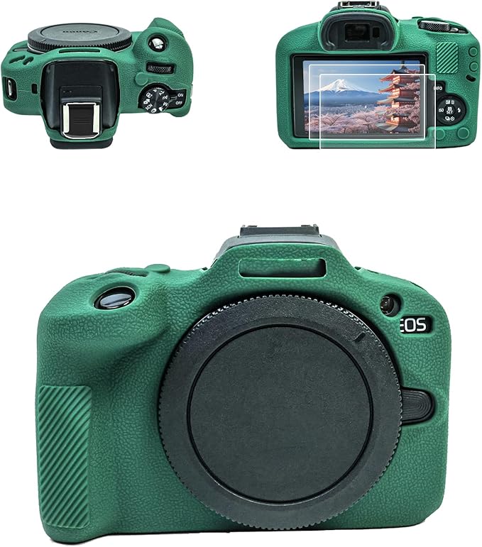 EOS R100 Camera Case Accessories Kit - Silicone Protective Case for Canon eos R100[Green] & LCD Screen Protector for Canon R100[2 Packs] & Camera Hot Shoe Cover for R100