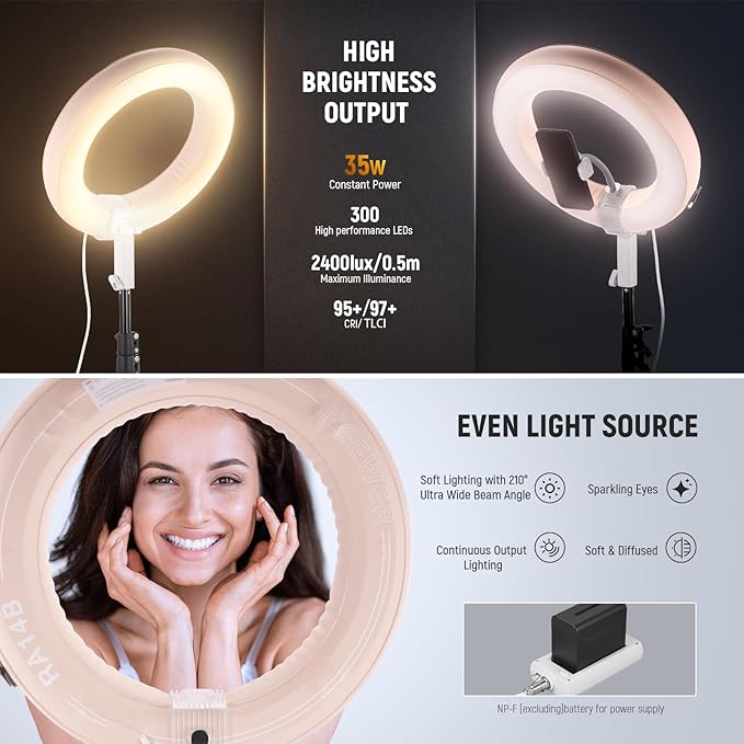 NEEWER 14" Inflatable Large Ring Light with Tripod Stand/Phone Holder/Remote, 35W Portable LED Ringlight 2900-6500K 2400lux CRI95+ for iPhone Selfie Streaming Video Recording Makeup Lash Studio, RA14B