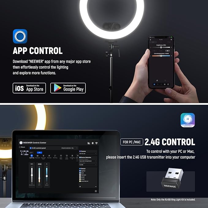 NEEWER 18 Inch Edge Lit Ring Light with Tripod Stand Phone Holder Compatible with iPhone for Video Recording Selfie Makeup Studio Streaming, 45W 2900-7000K APP 2.4G Control Ringlight Lighting, RL45B