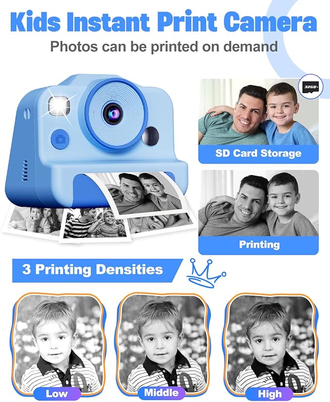 Instant Print Camera for Kids, Front Rear Dual Selfie Kids Camera with 1080P Videos, Christmas Birthday Gifts for Kids Ages 3-12, Toddler Digital Camera Toy for 4 5 6 7 8 Year Old Boys Girls (Blue)