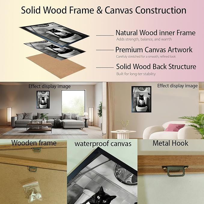 Zhfmoir Funny Black Cat on Toilet Wall Art 12x16 Inch, Humorous Bathroom Cat Canvas Print with Hooks, Waterproof Glossy Funny Animal Poster for Bathroom Decor, Office, Dorm, Gag Gift