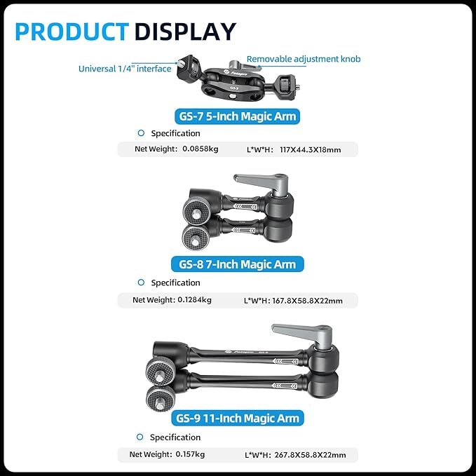 Fotopro 7 Inch Magic Arm Both 1/4 Inch Thread Screw Adjustable Articulating Magic Arm for Tripod Monitor LED Light Microphone Super Clamp GS-8
