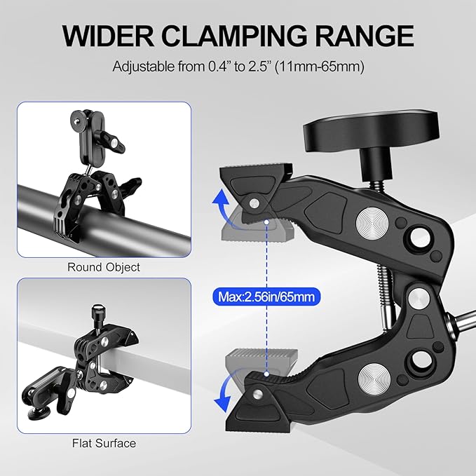 Super Clamp Camera Mount with 360 Dual Ballhead Magic Arm, 1/4"-20 & 3/8"-16 Thread and Phone/Action Camera Mount Adapter for Canon Nikon DSLR Camera/Gopro/LED Light/Monitor