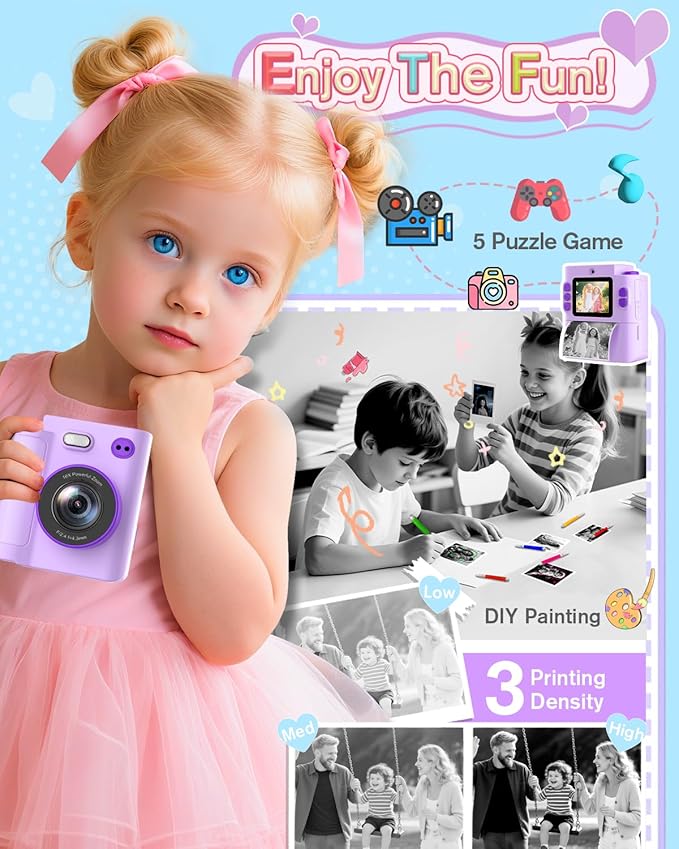 Kids Instant Print Camera - 1080P HD Toddler Digital Camera for 3 4 5 6 7 8 9 10 Year Old Girls Boys, Christmas Birthday Gift with 32GB SD Card, Selfie Mode, Portable Travel Toy, Fun Filters- Purple