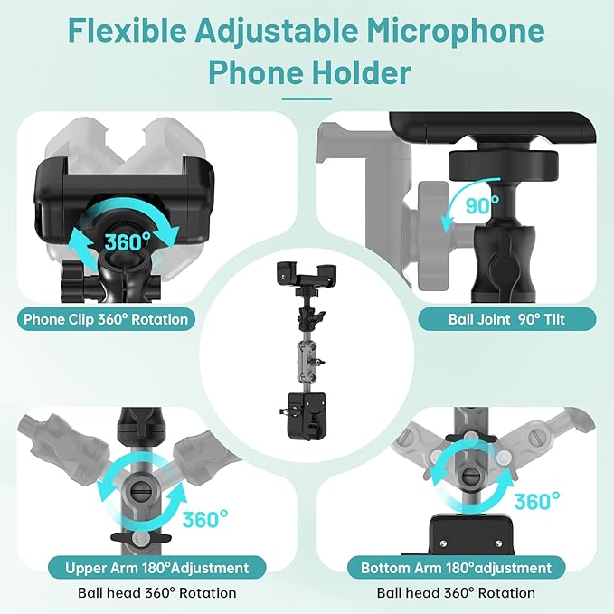 Mic Stand Phone Holder,2-Stage Magic Arm Super Clamp Phone Clip for Microphone Stand, Flexible Adjustable iPhone Music Stands Mount for iPhone17 16 15 14 13 12 11 Galaxy Nexus LG All Smartphones