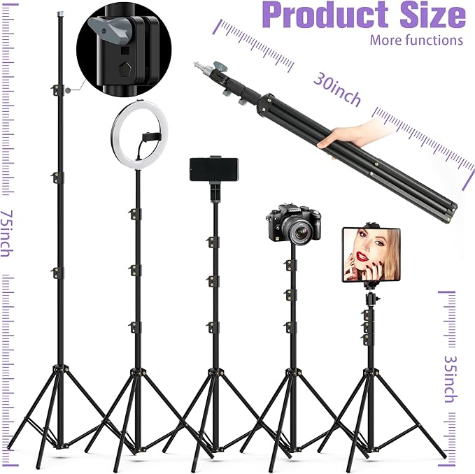 22"Ring Light with Stand,Ring Light Tripod for iPhone ipad,with 75"Tripod/LCD Display/4 ipad iPhone Clips/2 USB Ports,2600K-6500K Color Temperature,for Barber Makeup Tattoo TikTok Video Recording Vlog