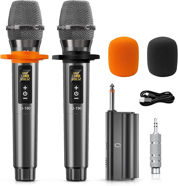 Karaoke Microphone Wireless Mic, Universal Professional UHF Dynamic Mic System with Receiver, Handheld Cordless Microphones for Singing,Wedding, DJ, Party, Speech, Church, Plug and Play