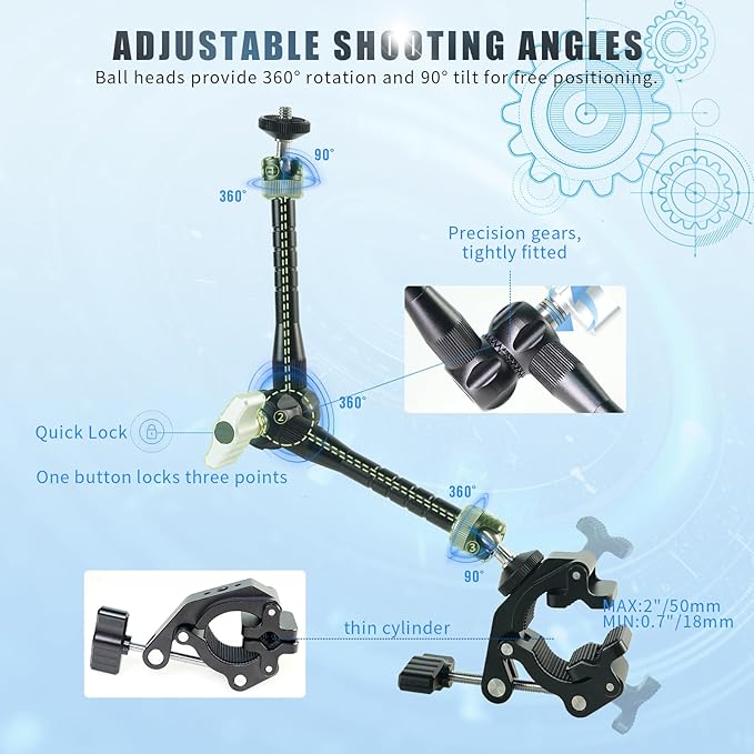FIFIELD CNC Machined 11" Articulating Magic Arm Clamp Mount with Super Clamp, 360° Dual Ball Head & 1/4" ARRI Locating Pin&Holes, Heavy-Duty Camera Monitor Mount for Camera, Phone, LED Light, w/Clamp