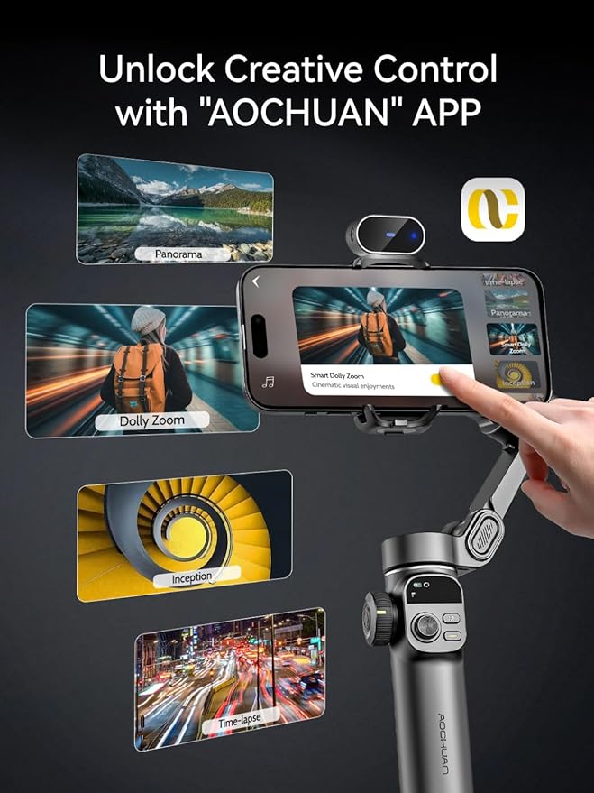 AOCHUAN Gimbal Stabilizer for iPhone with AI Tracking Sensor, Elevate Your Filming w/7.8" Extension Rod and OLED Screen for iPhone Gimbal, Gimbal w/8.0 Stability for Sports Shooting-Smart X2 AI Black