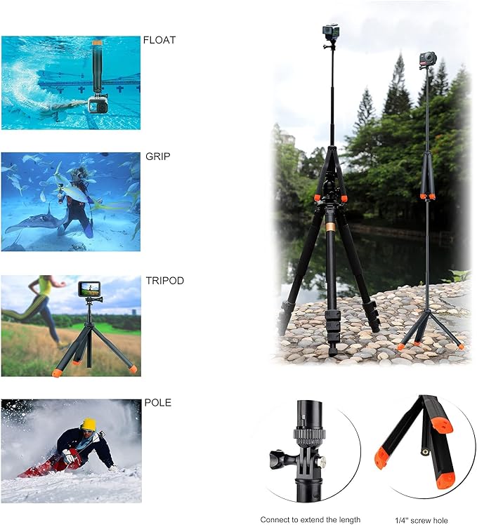 YALLSAME Floating Selfie Stick for GoPro Hero 13 12 11 10 9 8 7 Mini Max Fusion Session, DJI OSMO Action 6 5 Pro 4, AKASO EK7000 V50, 4 in 1 Underwater Waterproof Pole Monopod Hand Grip Tripod Stand