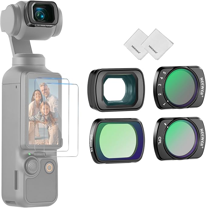 NEEWER ND Filter Set Compatible with DJI Osmo Pocket 3 Creator Combo Accessories, Wide Angle Lens + Variable ND2-32 + CPL + 1/4 Black Mist Diffusion Filter + 2X Screen Protector + 2X Cleaning Cloth
