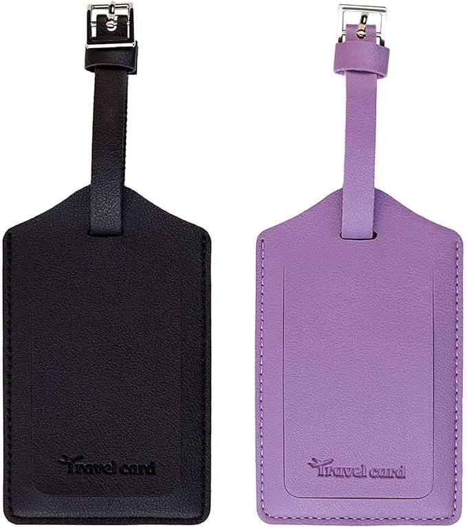 2 Pack Leather Luggage Tags Travel Luggage Name Tag Bag Tags Leather Suitcases Tags for Luggage Id Tags with Cover Privacy Protection Suitcase Labels Travel Accessories (Black & Purple)
