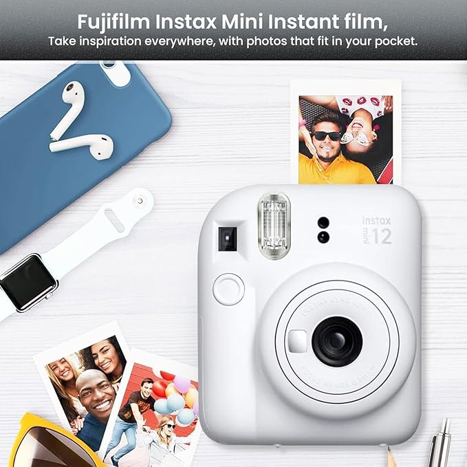 Fujifilm Instant Mini 12 Camera + Accessory Bundle & Custom Case + Fuji Instant (20 Shots) Designer Mini Photo Album (60 Pockets) (Clay White)