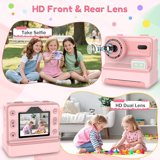 Kids Camera Instant Print, Christmas Birthday Gifts for Girls Age 3-12, Dual-Lens Selfie Camera for Kids with 1080P Videos, 2.4 Inch Screen, 32GB SD Cards & 3 Rolls Print Paper