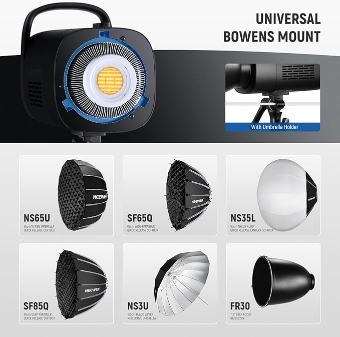 NEEWER CB120B 120W LED Video Light with 2.4G&APP Control COB Bi Color 2700K-6500K 78000lux at 1m/CCT Mode/CRI97/12 Scenes/Bowens Mount Continuous Output Lighting for Studio Photography/Video Recording
