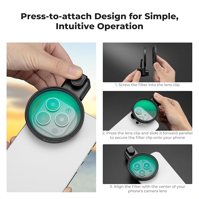 K&F CONCEPT 58mm Press-on ND2-32 Phone Lens Filter Kit, Multi-Coated VND Filter Compatible with iPhone 17/16/15/14/13/12 Standard, 16/15/14/13/12 Pro/Pro Max, 58mm Threaded Filters