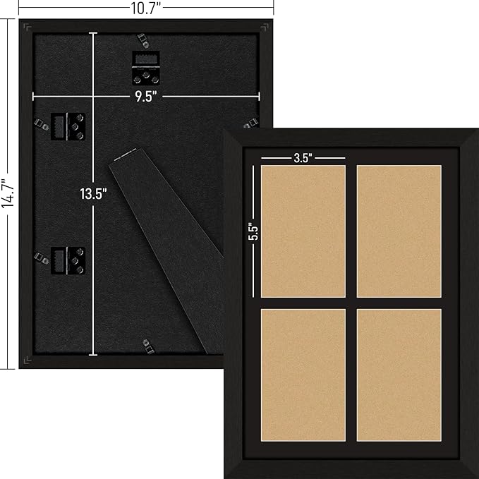 4x6 Photo Collage Frame 4 Openings, 9.5"x13.5" Multi Picture Frame Collage 4"x6" Gallery Wall Decor Wooden, Black Frame with Black Mat, Wood