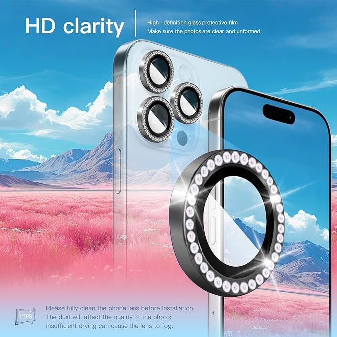 Camera Lens Protector Bling Compatible for iPhone 16 Pro/iPhone 16 Pro Max,9H Tempered Glass Camera Cover Screen Protector,HD Clear,Aluminum Alloy Ring Decoration (Diamond Black)