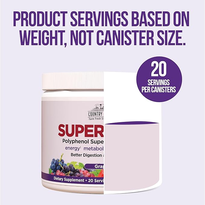 Country Farms Super Reds, Energizing Polyphenol Superfood, 40 Super Fruits and Berries, Powerful Antioxidants and Polyphenols, Supports Energy and Immunity, 20 Servings, Grape Flavor