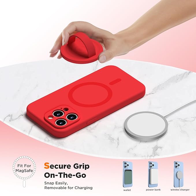 Upgraded Magnetic Phone Grip, Liquid Silicone Soft and Portable, Removable Finger Loop Ring Grip Holder for iPhone, Strong Magnetic Attraction, Compatible with MagSafe Phone Case, Red