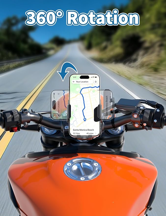 Phone Holder Induction Speaker for Bike, 4.7-7.4" Phones Stand Mount with Bluetooth Speaker Amplifier, Scooter Motorcycle Handle Bar Multifunctional Clamp, 360° Rotating, IP65 Water Resistant