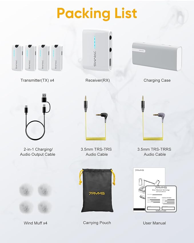 7RYMS iRay DW40 4-Channel Wireless Lavalier Microphone with Noise Cancellation, 656ft Range, 12.5H Working, Wireless Laple Mic for iPhone, DSLR Camera, Android, Video Recording Podcast Live-Stream