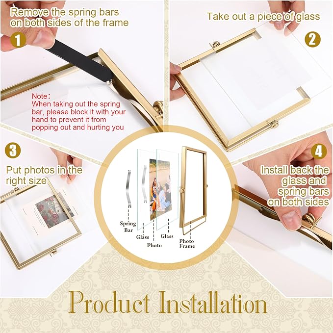 Amyhill Set of 6 Metal Picture Frames Vintage Minimal Ornate Floating Frames 4 x 4 Inches Photo Antique Easel Stand Vertical Glass Holder for Pictures Photos Desk Tabletop Display(Gold)