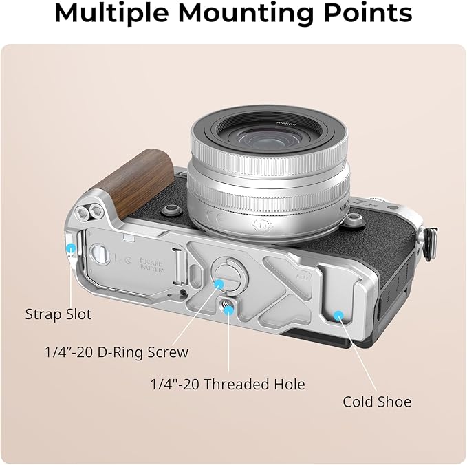 SMALLRIG Z fc Wooden Handgrip, L-Shape Grip Holder for Nikon Z fc Camera, Retro-Style Side Handle with 1/4"-20 Threaded Hole, Cold Shoe, Quick Release Plate for Arca (Sliver) - 4803