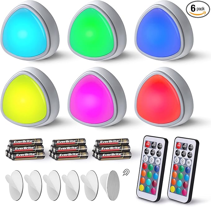 EverBrite Tap Light, LED Puck Lights, Wireless Push Lights, Remote Controlled Closet Lights with 12 RGB Colors, Perfect for Under Cabinet, Closets, Pantry, with 18 AAA Batteries, 6-Pack