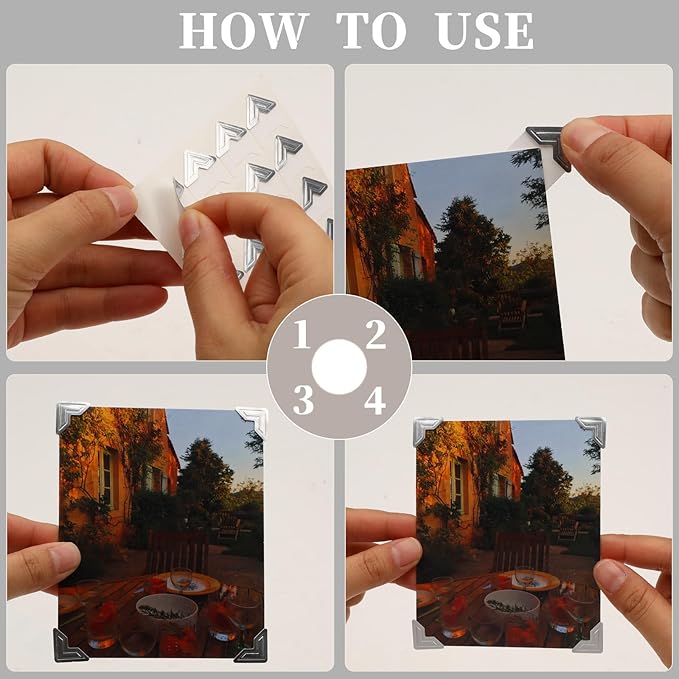 240 Pcs Silver Photo Corners Self Adhesive Picture Corners, Scrapbook Photo Corner Stickers, Photo Mounting Corners for Photo Album, Picture Frames, Journal, 10 Sheets