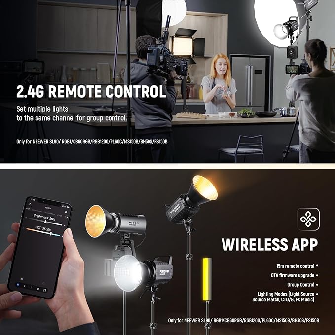NEEWER FS150B LED Studio Video Light 2.4G/APP Control, 130W Bi Color COB Continuous Output Lighting with Cleaning Cloth for Photography Video Recording 4 Dimming Curves/2700K-6500K/CRI97+/Bowens Mount