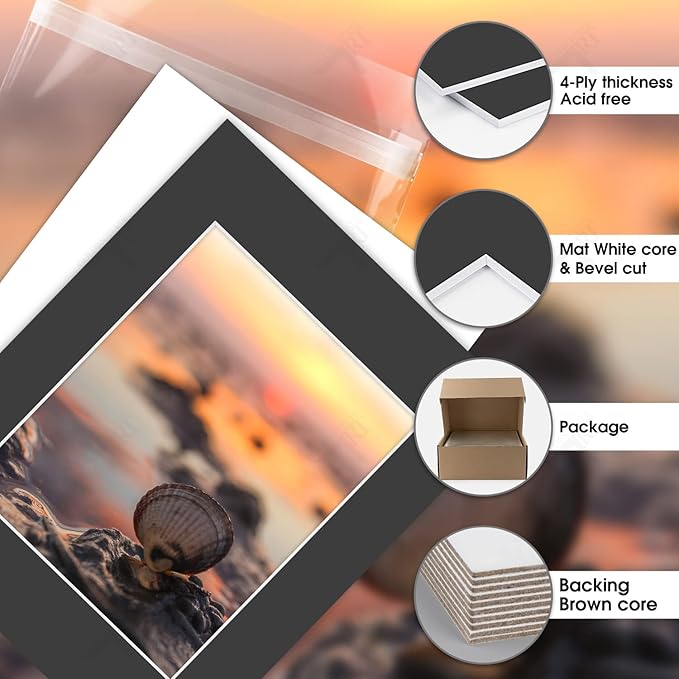 Golden State Art, Acid Free, Pack of 50, 11x14 Black Picture Mats Mattes with White Core Bevel Cut for 8x10 Photo + Backing + Bags