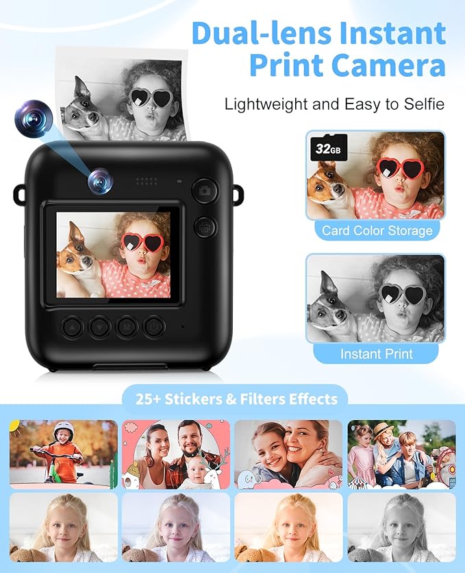 Kids Camera Instant Print, 48MP Dual-Lens Digital Camera for Girls Boys Christmas Birthday Gifts, 1080P Video Selfie Instant Cameras, Portable Toddler for 4-12 Years with 32GB Card-Black