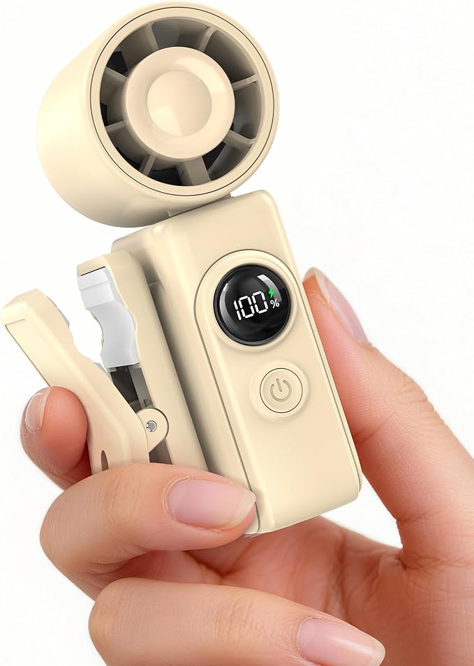 Portable Clip-On Mini Fan, Hands-Free, Turbo Personal Handheld Fans Rechargeable w/ 4 Wind & LED Display, Pocket Size Summer Cooling Essentials for Travel/EyeLash/Beach/Concert, Gifts for Women(Beige)