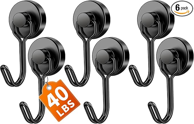 FINDMAG Magnetic Hooks, 40Lbs+ Strong Magnet Hooks for Cruise Cabins, Powerful Neodymium Magnets with Hooks for Hanging, Swivel Swing Black Magnetic Hooks for Fridge, Whiteboard, Kitchen, Toolbox