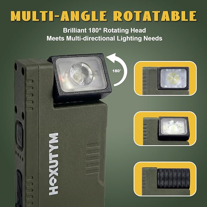 Clip-on LED Rechargeable Flashlights – 500lm EDC Mini Pocket Light, Hands-Free Magnetic Work Light with 180° Rotatable Clip & RGB Emergency Mode for Camping, Hiking, Repairs, Walkies, Green
