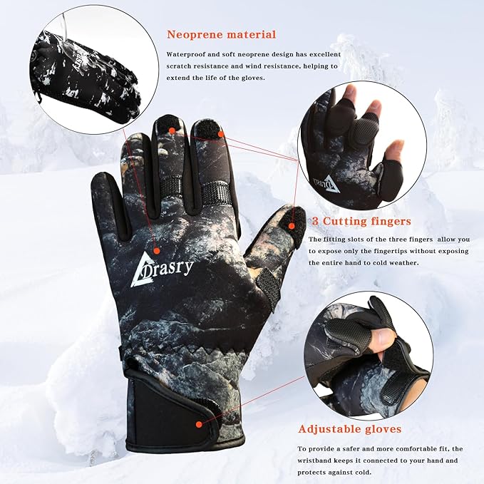 Drasry Neoprene Fishing Gloves Touchscreen 3 Cut Fingers Warm Cold Weather Suitable for Men and Women Ice Fishing Fly Fishing Photography Motorcycle Running Shooting