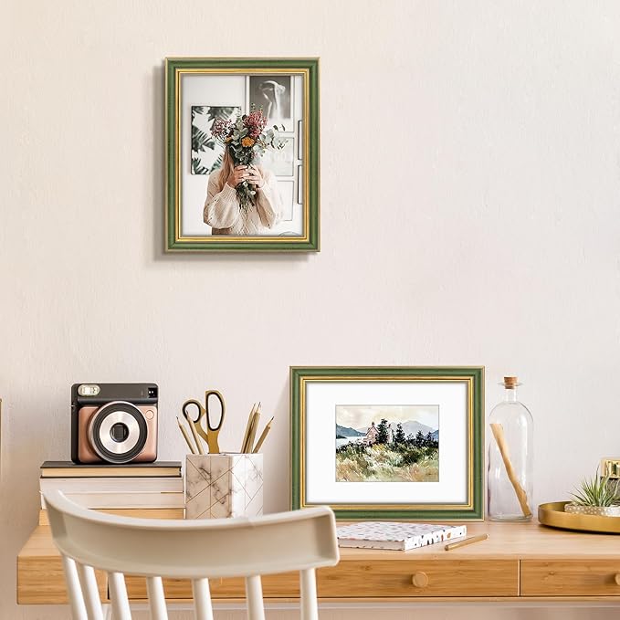Golden State Art,9x12 Ornate Picture Frame for 6x8 Photo with Mat or 9 x 12 Prints without Mat, Real Glass Wall Display Horizontally or Vertically (Color:Green Gold)