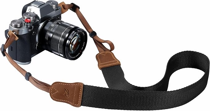 Padwa Lifestyle Black Camera Strap - Double Layer Crazy Horse Cowhide Head,1.5" Wide Pure Cotton Woven Camera Straps,Adjustable Neck Shoulder Strap for All DSLR Cameras,Great Gift for Photographers