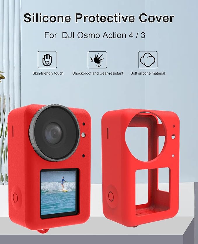 PULUZ Silicone Protective Case for DJI Osmo Action 5 Pro/4/3 with Lens Cap,Dust-Proof,Slim Durable Lightweight Rubber Soft Silicone Camera Protective Cover Accessories(Red)