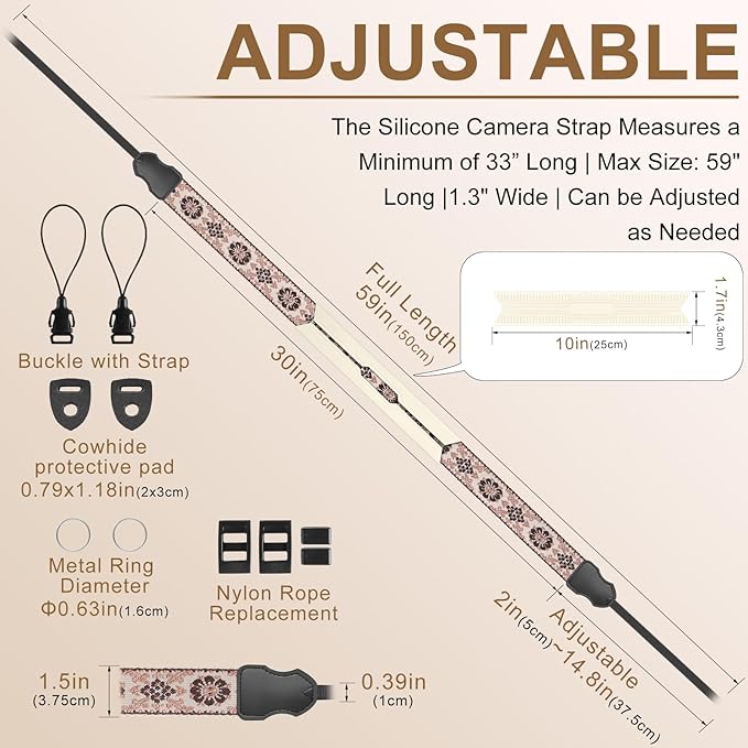 Neck Strap Silicone Camera Straps - Padded Camera Strap, 1.5" Wide Adjustable Nylon Shoulder Strap - Compatible with Canon, Nikon, Sony, and More DSLR and Mirrorless Cameras (Khaki Brown)