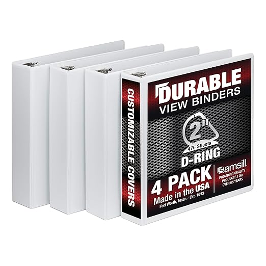 Samsill Durable 2 inch 3 Ring Binder, Made in USA, D Ring Binder, FSC 100% Recycled Chipboard, White, 4 Pack