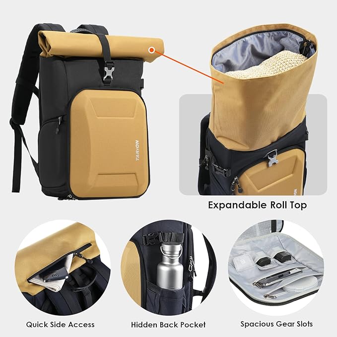 TARION Hardshell Large Camera Backpack - Expandable Camera Bag for Photographers with 16" Laptop Compartment & Side Access & Rain Cover(XH Gold)