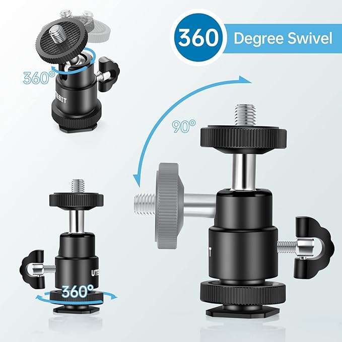 UTEBIT 2 Pack Universal 1/4" Swivel Mini Ball Head Screw Tripod Mount, 360 Degree Rotating Mount Base Adapter 1/4" Camera Hot Shoe Mount for DSLR Cameras Vive Tripods Monopods Camcorder Light Stand
