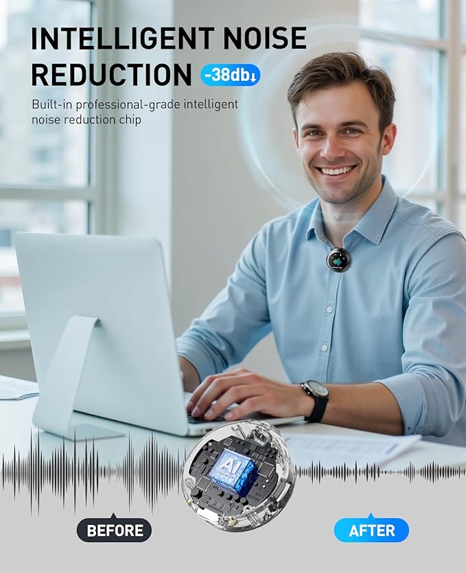 Mini Microphone for iPhone: Wireless Lavalier Microphone for Android - Noise Canceling Magnetic Clip Lapel Mic - Vlogging Recording & Pro Video for Content Creators - Black Gray